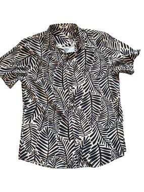 Coofandy Mens Zebra Leaf Print Short Sleeve Button-Up Shirt Black & White L